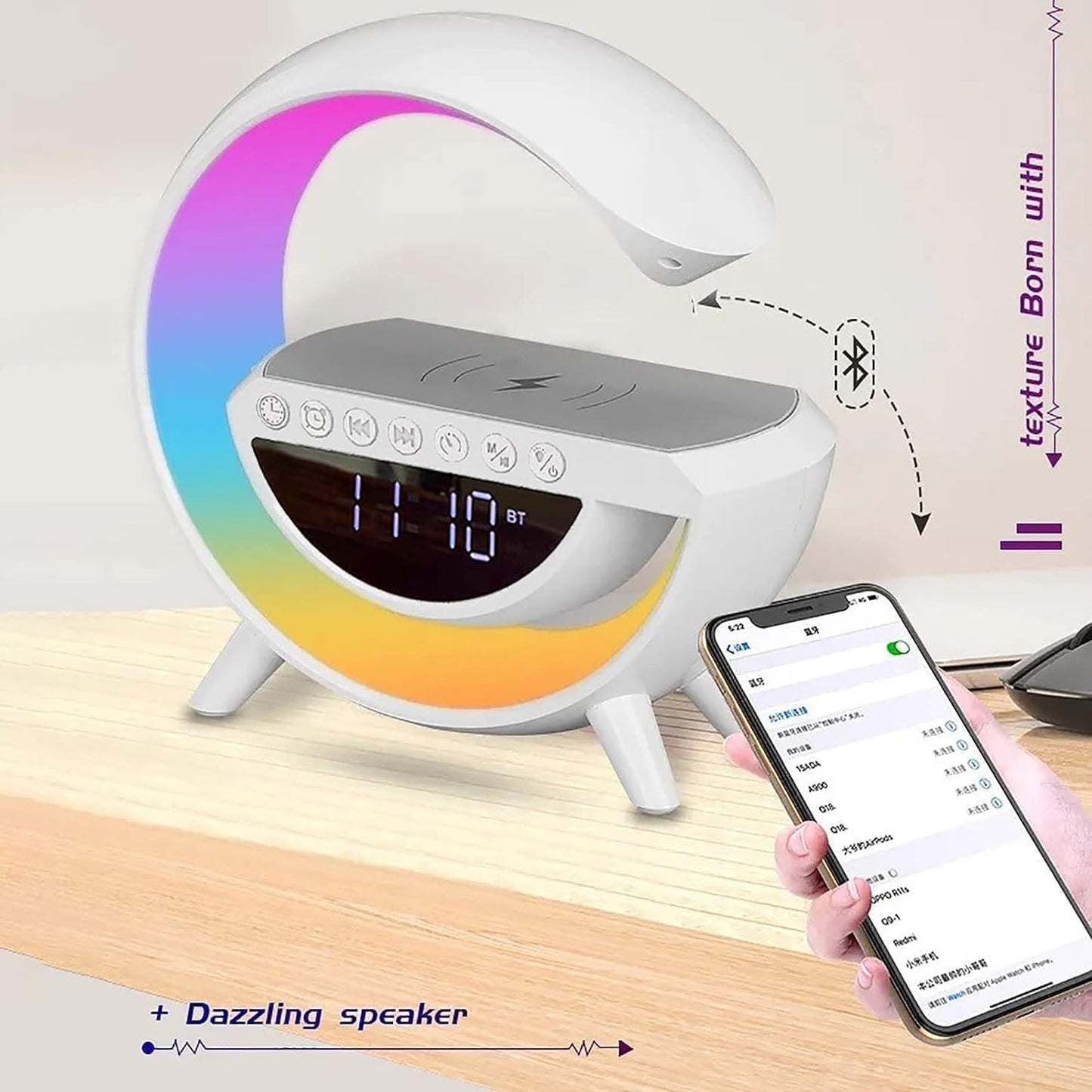 Rgb Clock Lamp & Bluetooth Speaker With Wireless Charging