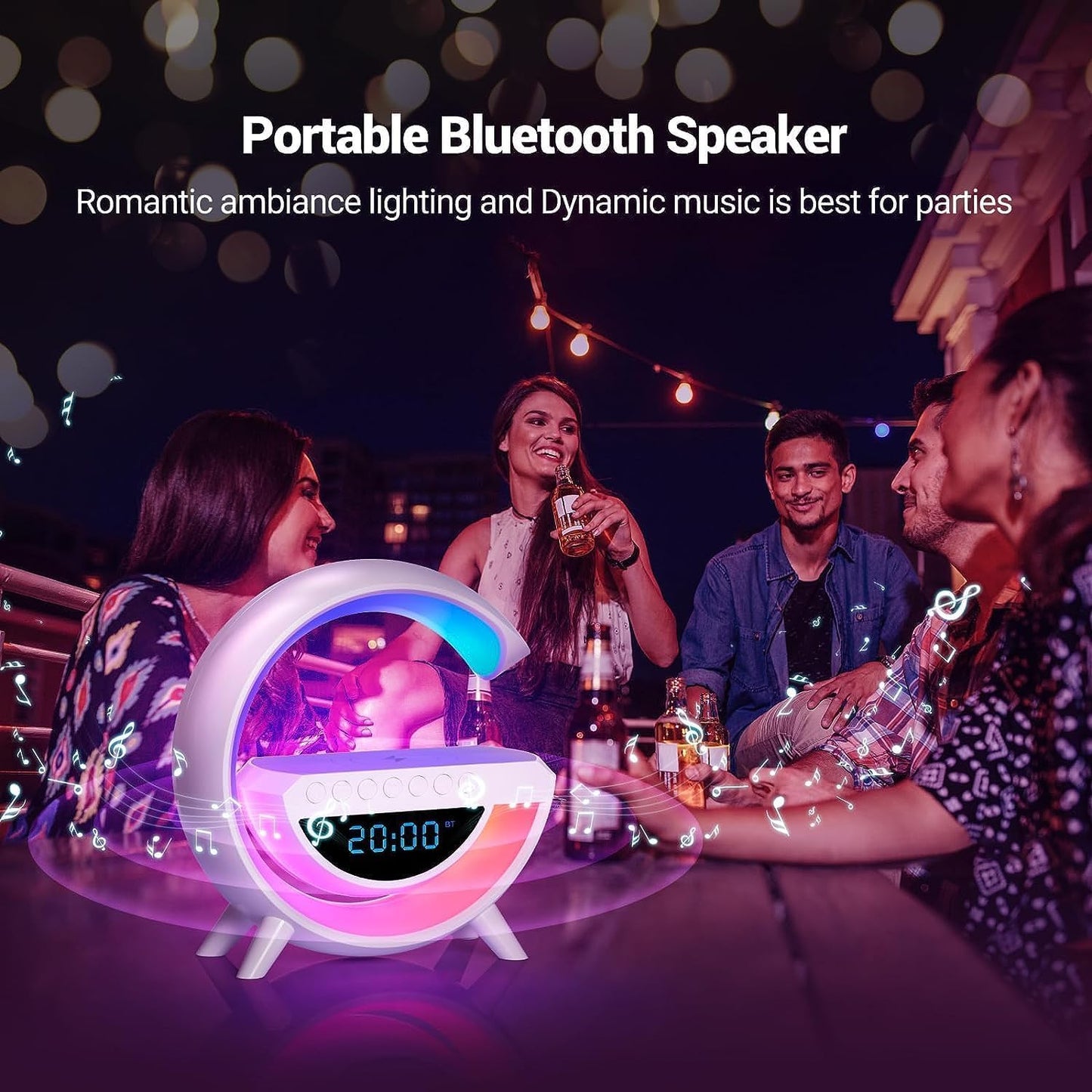 Rgb Clock Lamp & Bluetooth Speaker With Wireless Charging