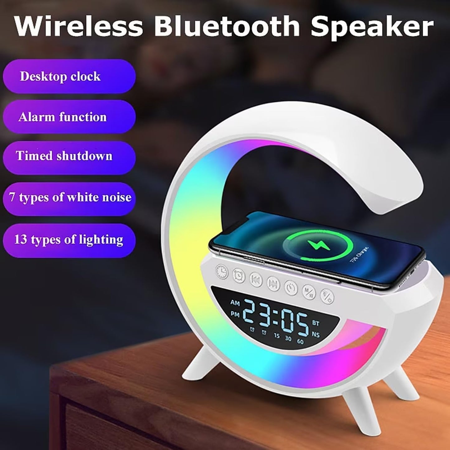 Rgb Clock Lamp & Bluetooth Speaker With Wireless Charging
